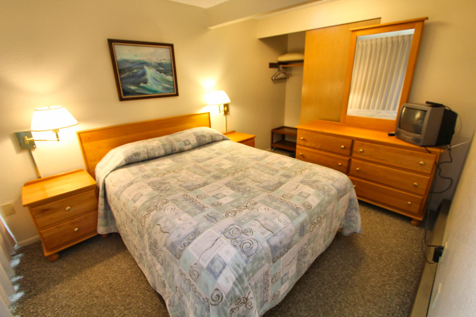 A cozy master bedroom at VRI's Surfcrest Condominiums at Copalis Beach, Washington